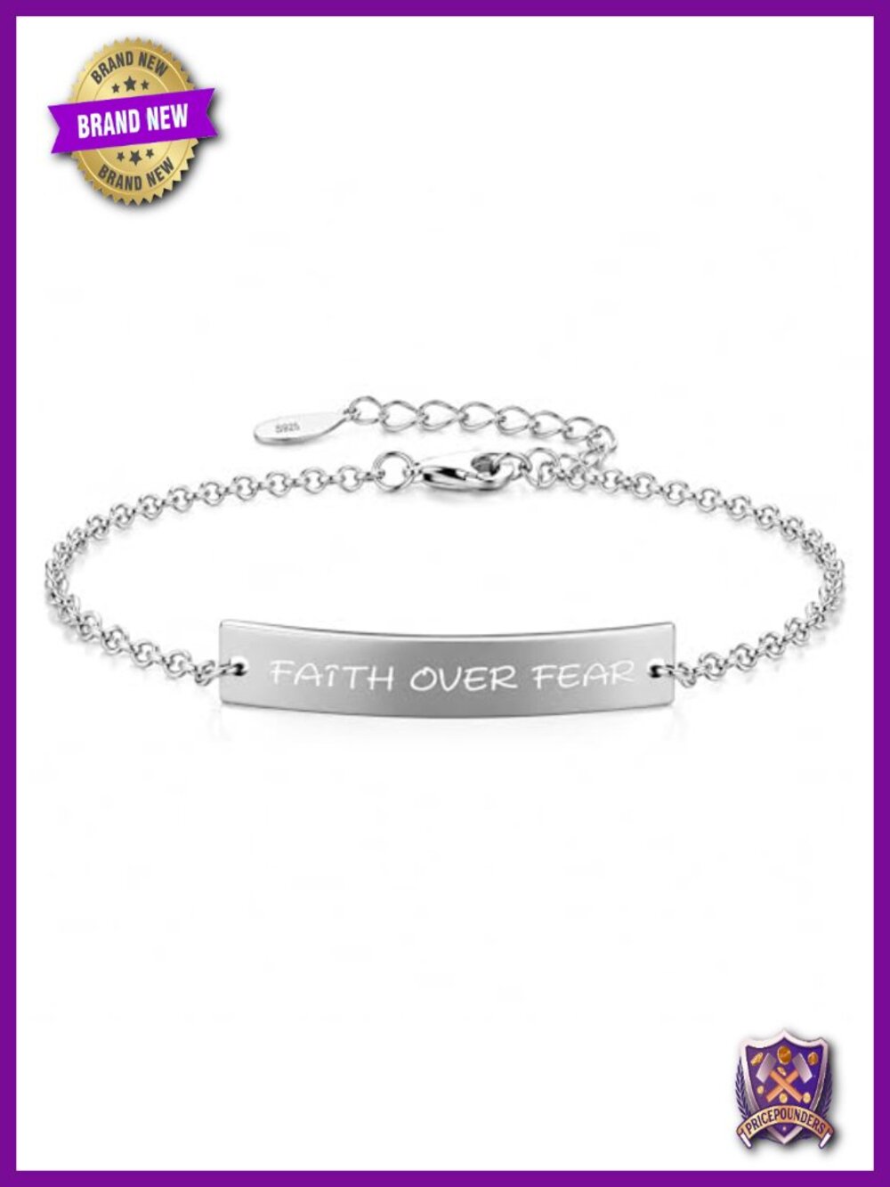 Faith Over Fear 925 Sterling Silver Inspirational Christian Adjustable Bracelet